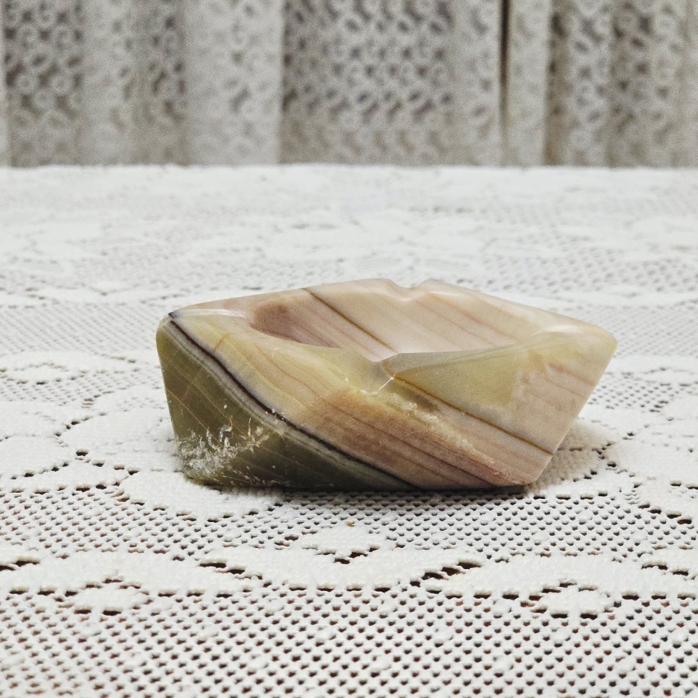 Vintage MCM Onyx Ashtray Marble Alabaster Heavy Stone Cream Green Pink Tan - Picture 4 of 16